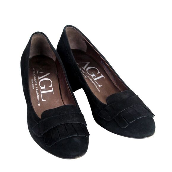 AGL Italy BLACK GENUINE LEATHER SUEDE MID HEEL ROUND TOE PUMP WOMEN'S SHOES 36.5 - Picture 6 of 12